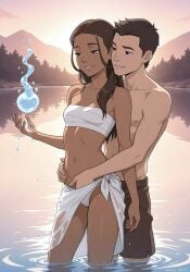 1boy 1girls ai_generated avatar_the_last_airbender bathing blue_eyes brown_hair female fingering fingering_partner in_water katara lake light-skinned_female looking_pleasured magic magical_girl male nature nickelodeon outdoors petite petite_female sarashi sarong small_breasts tan_body water wet_body wet_hair