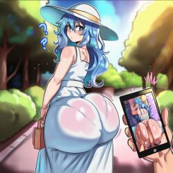ai_generated big_ass cheating date_a_live dress female himekawa_yoshino ishimo light_blue_hair phone_screen slut small_breasts sweat_on_ass thick_ass thick_hips transparent_clothing white_dress