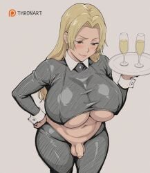 ai_generated balls blonde_hair blush blush_lines brown_eyes champagne chubby female flaccid flaccid_penis foreskin futa_only futanari hand_on_own_hip holding_plate huge_ass huge_hips huge_thighs jujutsu_kaisen light_smile mature_female narrowed_eyes navel penis plump reverse_bunnysuit seductive_smile small_penis solo solo_female testicles thick thick_ass thick_thighs thronart tsukumo_yuki_(jujutsu_kaisen) underboob wide_hips yuki_tsukumo