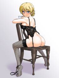 2d 2d_(artwork) ass black_corset black_legwear black_panties blonde_hair blue_eyes blush braid breasts bustier chair closed_mouth corset cup darjeeling female fishnet_legwear fishnet_panties fishnets french_braid full_body garter_belt garter_straps girls_und_panzer hi_res highres large_breasts lingerie looking_at_viewer nipples oosaka_kanagawa panties panties_around_one_leg shiny shiny_hair shoulder_blades simple_background smile solo stockings teacup underwear