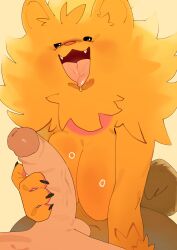 absurd_res anthro big_breasts breasts canid canine claws cute_fangs duo fangs female female_anthro fluffy fur game_freak generation_10_pokemon genitals handjob hi_res human human_on_anthro humanoid_genitalia humanoid_penis interspecies male male/female male_human male_on_anthro mammal nintendo orange_body orange_fur penile penis pokemon pokemon_(species) pokemon_ww pokephilia pombon pomken sex teeth yolabayola1