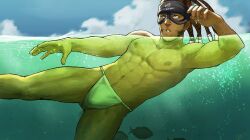 1boy 2016 abs artist_name baire bandana bandeiras_hattori beard blue_eyes blue_sky brown_hair bulge bulge_through_clothing cloud dark-skinned dark_skin dreadlocks fish fundoshi fundoshi_only gay hakunetsu happy_trail headband japanese_clothes king_of_fighters king_of_fighters_xiv latino long_hair male male_only mask muscular muscular_male mutton_chops nude partially_submerged partially_underwater_shot pubic_hair rokushaku_fundoshi six_pack skinny_dipping sky snk solo swimming tied_hair underwater water white_fundoshi yaoi
