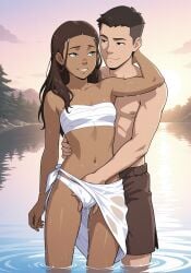 1boy 1girls ai_generated avatar_the_last_airbender bathing blue_eyes brown_hair female fingering fingering_partner hand_in_panties hand_on_shoulder in_water katara lake light-skinned_female looking_back looking_pleasured male nature nickelodeon outdoors petite petite_female sarashi sarong small_breasts tan_body wet_body wet_hair