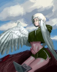 1futa aqua_eyes breasts bulge claws cloud computer dickgirl feathered_wings feathers futa_only futanari glasses harpy highres hood hoodie intersex laptop midriff monster_girl navel nest original penis rhydwyn sitting sky solo white_feathers white_hair winged_arms wings