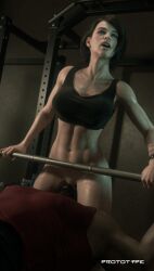 1boy 3d 3d_(artwork) 3d_model 3d_render abs beard chris_redfield cunnilingus dilf exercising facial_hair female fitness_gym gym_shirt gym_uniform highres jill_valentine jill_valentine_(sasha_zotova) muscular muscular_male oral prototype_(artist) resident_evil sex sexual_exercising shirt straight toned toned_female weightlifting weights