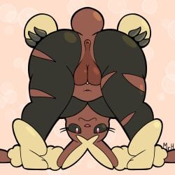 1:1 anthro anus bent_over breasts brown_body brown_fur butt clothed clothing eyelashes female fur generation_4_pokemon generation_6_pokemon genitals hi_res lagomorph looking_at_viewer looking_back lopunny mammal mega_evolution mega_lopunny mr_harinezumi nintendo pokemon pokemon_(species) presenting presenting_hindquarters presenting_vulva simple_background smile solo tail thick_thighs vulva