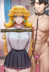 1boy 1girls ai_generated blonde_hair chastity_cage collar cucked_into_chastity cuckold english_text female femdom large_breasts leash looking_at_viewer male malesub mario_(series) muscular muscular_cuck muscular_male muscular_sub princess_peach small_penis small_penis_humiliation sorindommy submissive_male text