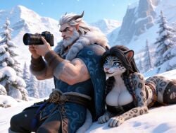 1boy 1men 1woman 3d ai_generated black_hair blue_eyes feline female forest furry furry_female furry_tail leopard leopard_tail long_hair neko neko_girl ravenomega snow_leopard white_hair white_skin winter_clothing