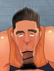 2021 2boys :>= black_hair fellatio gay looking_at_viewer male male_only nonjyaina orange_tank_top original penis pubic_hair sanpaku simple_background sweatdrop tank_top textless veiny_penis yaoi