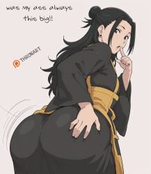 1boy 1femboy :o ai_generated back_view black_hair brown_eyes earrings femboy finger_to_mouth from_behind getou_suguru hand_on_own_ass huge_ass jujutsu_kaisen kimono male male_focus motion_lines shaking_ass solo solo_femboy solo_focus suguru_geto surprised thronart