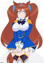 2026 ashamed big_breasts black_eyes blue_clothing blue_dress brown_hair busty busty_female crown cygames daiwa_scarlet_(peak_blue)_(umamusume) daiwa_scarlet_(scarlet_nuit_etoile)_(umamusume) daiwa_scarlet_(umamusume) hair_ornament hi_res polxnart_(artist) red_hair simple_background socks socks_and_heels socks_on tagme twintails umamusume umamusume_pretty_derby