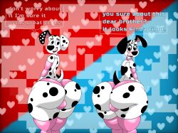101_dalmatian_street 101_dalmatians anthro ass big_butt black_ears black_nose black_spots blush canid canine canis clothing dalmatian dawkins_(101_dalmatians) disney domestic_dog duo dylan_(101_dalmatians) femboy floppy_ears footwear freckled_face freckles fur heterochromatic_ears hi_res huge_butt lingerie male mammal mgdire671 panties pink_clothing pink_footwear pink_inner_ear pink_lingerie pink_socks socks spots thick_thighs underwear white_body white_fur white_spots