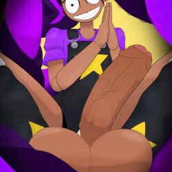 1futa black_pants dark-skinned_female dark_skin doll_joints erection extra fangs female grin joints large_penis lily_lovebraids long_hair meitabuu overalls own_hands_together pants penis poppy_playtime purple_hair purple_shirt shirt short_sleeves smile solo_focus spread_legs straight tag testicles twintails uncensored veins veiny_penis