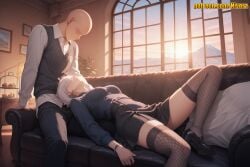 1boy 1girl ai_generated bald black_footwear black_pants black_skirt blue_shirt bracelet breasts collared_shirt couch dress_shirt earrings faceless faceless_male fiona_frost fishnet_thighhighs fishnets food hetero high-waist_skirt high_heels indoors jewelry knee_up lamp lap_pillow long_hair long_sleeves looking_at_another lying medium_breasts nivora on_back on_couch open_mouth pants picture_frame pillow plant potted_plant shirt shoes short_hair sitting skirt spy_x_family sunlight sunset table thighhighs vest white_hair white_shirt window