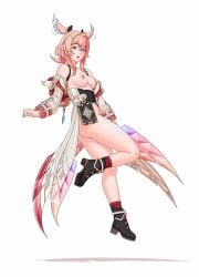 1girls backpack bangs boots breasts detached_sleeves exposed_breasts female female_only floating genshin_impact hair_ornament half-dressed light-skinned_female light_skin linnea_(genshin_impact) looking_at_viewer lunele markings medium_breasts medium_hair nipples peach_hair pink_eyes pink_hair pointy_ears solo thighs waist_cape white_background wings wings_on_head