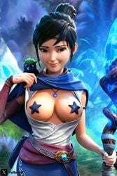 3d ai_generated belt bird_on_shoulder black_hair blue_background blue_clothes blue_pasties blue_skirt blue_sleeves blue_stone boobs boobs_out breasts breasts_out ember_lab female female_human female_only forest_background grok grok_imagine human kena:_bridge_of_spirits kena_(character) lifting_shirt light-skinned_female light_skin lips long_sleeves mascot mole_under_eye necklace pasties playstation pocket smile smiley_face smiling smiling_at_viewer smiling_female star_pasties tits tits_out titties username video_game video_game_character video_game_franchise video_games white_clothes x_username yallahs80