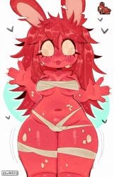 1girls 2025 2d anthro areolae belly blush breasts bunny bunny_ears chubby chubby_female female female_only furry furry_only kawooshy long_hair mummy_wrappings plain_background red_body red_hair solo solo_female terraria thick_thighs thighs tongue tongue_out twitter_link vicious_bunny_(terraria)