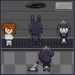 animated anthro black_body blonde_hair brown_hair clothing conveyor_belt digital_media_(artwork) drone dronification female female/female group hair humanoid identity_death industrial lagomorph latex latex_clothing leporid low_res machine maid_uniform mammal mass_transformation metallic_body milky_rivas milkybun29 pixel_(artwork) rabbit robot transformation uniform white_body