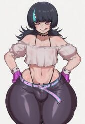 1girl ai_generated belt black_hair blouse bulge bulge_under_clothes choker front_view hand_on_hip hoshi_kirara hydra_ai jeans jujutsu_kaisen licking_lips light-skinned_male light_skin long_hair looking_at_viewer pants pink_eyes pink_gloves skinny_jeans slim_waist thick_thighs thighs trans_woman wide_hips