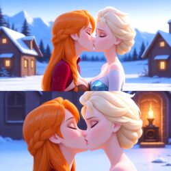 ai_generated anna_(frozen) blonde_female blonde_hair braided_hair braided_ponytail breast_press breast_squeezed_together cleavage closed_eyes disney dress elsa_(frozen) fire flame forest_background frozen_(film) house kissing leasbian_kiss lesbian_kissing mountain mountain_background orange-haired_female orange_hair red_pill_neo sky snow snowy_background tilted_head tree trees