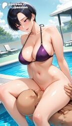 1boy 1girls 2026 ai_assisted ai_generated anime artist_name bikini black_hair blue_sky breasts bust cloud cunnilingus explicit gundam hi_res high_quality high_resolution highres natarle_badgiruel navel oral patreon patreon_username pool pool_ladder poolside purple_bikini purple_eyes short_hair sky skypassion stable_diffusion straight swimsuit water watermark