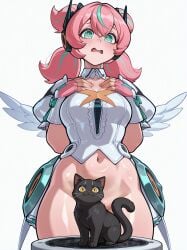 1girls ai_generated angels_of_delusion animal aria_(zenless_zone_zero) aria_(zenless_zone_zero)_(human_form) blush bottomless cat convenient_censoring embarrassed feline female light-skinned_female light_skin navel simple_background standing star-shaped_pupils streaked_hair thick_thighs twintails white_hair zenless_zone_zero