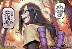 1boy ai_generated amadeus_v black_hair clothing detailed_background dialogue earrings english_text forest hair japanese_mythology jewelry long_hair looking_at_viewer looking_back male male_focus naruto naruto_(series) naruto_shippuden nature open_mouth orochimaru outdoors outside patreon patreon_username plant rope smile solo speech_bubble tagme teeth text tree tsunade upper_body yellow_eyes yokai