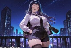 ai_generated black_choker black_hair black_jacket black_necktie black_shorts black_thighhighs blunt_bangs blush boruto:_naruto_next_generations breasts building choker city city_lights cityscape collared_shirt female hands_in_pockets hands_on_own_hips high-waist_shorts hyuuga_hinata jacket large_breasts long_hair long_sleeves looking_at_viewer meitabuu naruto naruto_(series) necktie night night_sky open_clothes open_mouth outdoors railing shirt shirt_tucked_in short_shorts shorts skindentation sky skyscraper solo standing star_(sky) starry_sky sweat thick_thighs thighhighs thighs uzumaki_hinata white_eyes white_shirt