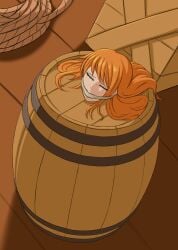 asleep barrel captured cargo closed_eyes female female_only gag gagged in_barrel in_container long_hair mian737373 mouth nami_(one_piece) one_piece orange_hair sleeping storage_room stuck_in_object