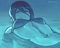 1boy 1girl 1girl1boy 1girls big_female_small_male bikini blue_background chainsaw_man chilling dark_blue_hair denji_(chainsaw_man) floating gentle_giantess giantess green_eyes happy micro_on_belly moogzieart pool pool_background reze_(chainsaw_man) shrunken_male size_difference smaller_male swimming swimming_pool swimsuit