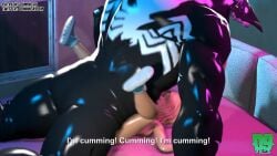1boy 1girls 3d 3d_animation back_muscles bed bedroom beek black_skin blonde_female blonde_hair closed_eyes cum_announcement dialogue dominica9 female female_penetrated gwen_stacy larger_male logo male/female male_on_top male_penetrating marvel mating_press muscular_male nomu nude_female orgasm_announcement petite_body petite_female pleasure_face screencap sex sharp_teeth shoes_only spider-man:_into_the_spider-verse spider-man_(series) text tongue_out venom_(cosplay) watermark