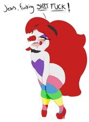 clothing clown cum dot_(mcnasty) drooling eyeshadow female footwear hair high_heels leggings legwear makeup mcnasty pussy_juice red_hair saliva sharp_teeth shoes shortstack solo teeth wet