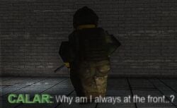 1boy 3d ass back_view big_ass calar_(hellmet) clothed dialogue english_text fully_clothed gun hellmet roblox roblox_game robloxian sensicalstuff solo standing tagme text thighs