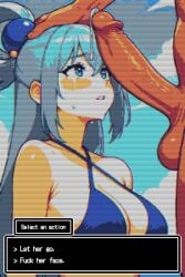 1boy 1girls aqua_(konosuba) bare_shoulders blue_bra blue_eyes blue_hair blue_sky bra breasts cleavage cloud collarbone crying crying_with_eyes_open dark-skinned_male dialogue dialogue_box duo erection fake_screenshot female gameplay_mechanics hair_ornament hair_ring halter_bikini halter_top halter_top_bikini head_grab imminent_oral imminent_rape kono_subarashii_sekai_ni_shukufuku_wo! konosuba large_penis long_hair looking_up male medium_breasts navel out_of_frame_male outdoors parted_lips penis penis_awe pixel_art precum precum_drip scared testicles text uncensored veiny_penis