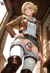 ai_generated annie_leonhardt attack_on_titan balls blonde_hair blue_eyes blush blush_lines boots chastity chastity_cage chastity_device comic comic_cover comic_dub comic_page comic_panel comic_strip comics flat_chest futanari genderswap_(ftm) half-closed_eyes half-dressed half-erect half_dressed half_naked half_nude half_updo high_resolution highres ilfb long_hair looking_at_another looking_away more_at_source original request requested sexy shy sissification sissy small_breasts solo solo_focus solo_male standing testicles tied_hair trans trans_woman yaoi