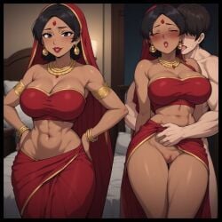 abs ai_generated armlet bangle bare_shoulders bare_thighs big_breasts black_eyes black_hair blush blushing cleavage closed_eyes dark-skinned_female earrings exposed_pussy forehead_jewel foreplay gold_jewelry hourglass_figure imminent_sex indian indian_clothes indian_female jewelry navel necklace pussy red_clothing red_lipstick saree sari slim_waist smile thick_thighs undressing_another wide_hips