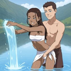 1boy 1girls ai_generated avatar_the_last_airbender bathing blue_eyes brown_hair distracted female fingering fingering_partner hand_in_panties in_water katara lake light-skinned_female looking_pleasured magic magical_girl male nature nickelodeon outdoors petite petite_female pleasured sarashi sarong small_breasts tan_body water wet_body wet_hair