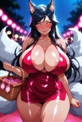 1girl ahri ahri_(league_of_legends) ai_generated apron blush bokeh_background breasts crowd curvy deep_blush embarrassed exhibitionism flustered gaddariat heavy_blush holding_basket huge_breasts intense_blush large_breasts league_of_legends league_of_legends:_wild_rift looking_ahead multiple_condoms patreon people_in_background public public_indecency sweat unused_condoms used_condoms voluptuous
