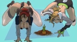 2girls blonde_female blonde_hair brown_hair cap carrot chiotosaurio fake_rabbit_ears fishnets glowing_fishnets lina_(celina_quintana) original original_characters reverse_bunnysuit