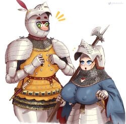 2026 2girls anthro armor artist_name big_breasts blue_eyes bovid bovine breastplate breasts cattle chainmail chainmail_coif clothed clothing digital_media_(artwork) duo eyebrows female female_only gammainks gauntlets gloves green_eyes halberd handwear headgear height_difference helmet hi_res huge_breasts human knight knight_armor mammal maria_(gammainks) melee_weapon nipple_outline pauldron polearm raised_visor simple_background size_difference star_eyes text titania_(ironlily) weapon white_background