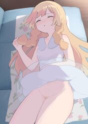 1girls blonde_hair blonde_pubic_hair blush bottomless dress fanbox_reward lillie_(pokemon) no_panties paid_reward pokemon pokemon_sm pubic_hair samidareura sleeping small_breasts solo solo_female teenager uncensored