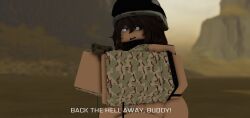 1girls 3d ass big_ass camouflage dialogue english_text female female_only gun leotard military outdoors pistol roblox roblox_avatar robloxian sensicalstuff solo standing tagme text