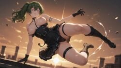 ai_generated big_breasts breasts_out cameltoe dress_down green_hair legs_apart pink_nipples pose side_ponytail sky_background sousou_no_frieren thick_thighs ubel_(sousou_no_frieren)