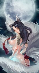 ahri animal_ears armwear ass back beige_skin black_hair bracelet breasts clouds earring facial_marks female female_only fox_ears fox_girl fox_tail fur furry_ears furry_tail grey_fur hair huge_breasts large_breasts league_of_legends lips long_hair looking_at_viewer moon multiple_tails nipples nude orange_eyes piercing sitting skull tail tattoo white_hair white_skin