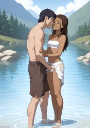 1boy 1girls ai_generated avatar_the_last_airbender bathing blue_eyes brown_hair female fingering fingering_partner hand_in_panties in_water katara lake light-skinned_female looking_pleasured male nature nickelodeon outdoors sarashi sarong small_breasts tan_body wet_body wet_hair