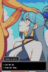 1boy 1girls aqua_(konosuba) bare_shoulders blue_bra blue_choker blue_eyes blue_hair blue_sky bra breasts choker cleavage cloud collarbone crying crying_with_eyes_open dialogue dialogue_box erection fake_screenshot gameplay_mechanics hair_ornament hair_ring halter_bikini halter_top halter_top_bikini head_grab imminent_oral imminent_rape kono_subarashii_sekai_ni_shukufuku_wo! konosuba large_penis long_hair looking_up medium_breasts navel out_of_frame_male outdoors parted_lips penis penis_awe pixel_art precum precum_drip scared testicles text uncensored veiny_penis