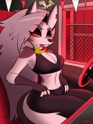 49ersrule07 absurd_res absurdres anthro canid canid_demon canine car car_interior furry grimace gym_clothes hellaverse hellhound helluva_boss large_ass loona_(helluva_boss) medium_breasts midriff motor_vehicle red_sclera slim_waist solo solo_anthro solo_female solo_focus steering_wheel thick_thighs torn_ear watermark white_eyes