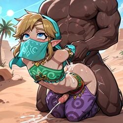 abs ai_generated anal black_male blush crop_top crossdressing cum_inside desert disguise ejaculation femboy feminine_male feminization fjordguten gay gerudo_link gerudo_outfit grabbing_arms interracial link link_(breath_of_the_wild) male/male muscular_male palm_tree pointy_ears sissification sissy sissyfication size_difference the_legend_of_zelda twink veil