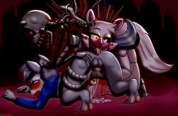 2018 ambiguous_gender anal anibaruthecat animatronic anthro ass balls blaze-lupine_(character) blush bottomless canine clothed clothing cum cum_on_ground drooling five_nights_at_freddy's five_nights_at_freddy's_2 forced handjob hi_res machine male mammal mangle_(fnaf) open_mouth oral penetration penis rape rimming robot saliva sex sharp_teeth teeth tongue tongue_out video_games