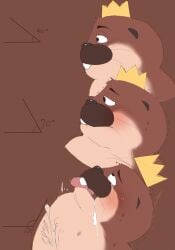 2026 angle angle_head_tilt_meme anthro beaver black_nose blush bodily_fluids brown_background brown_body cum disney drooling ejaculation genital_fluids hi_res hoppers_(pixar) kemono king king_george_(hoppers) male mammal meme pixar rodent royalty saliva simple_background slightly_chubby solo sushikorourcon sweat